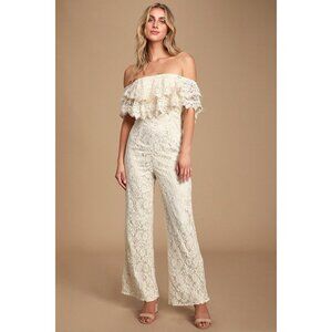 Lulus NWT waiting for forever cream Lace Off-The-Shoulder Jumpsuit Medium